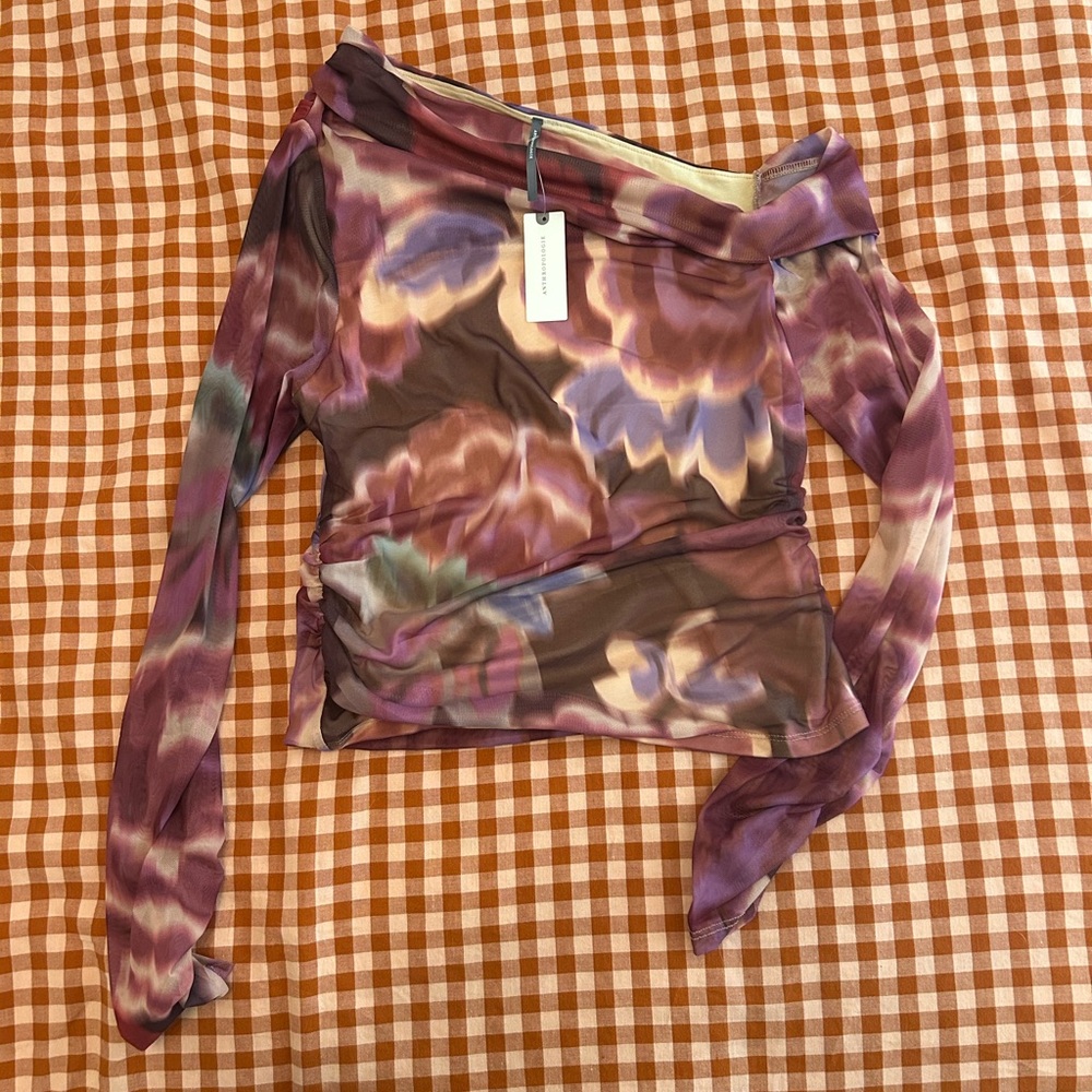 Anthropologie Pink and Brown Asymmetric Mesh Top - M - Picture 3 of 4